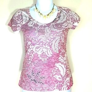 Top short sleeve tshirt scoop neck beaded floral